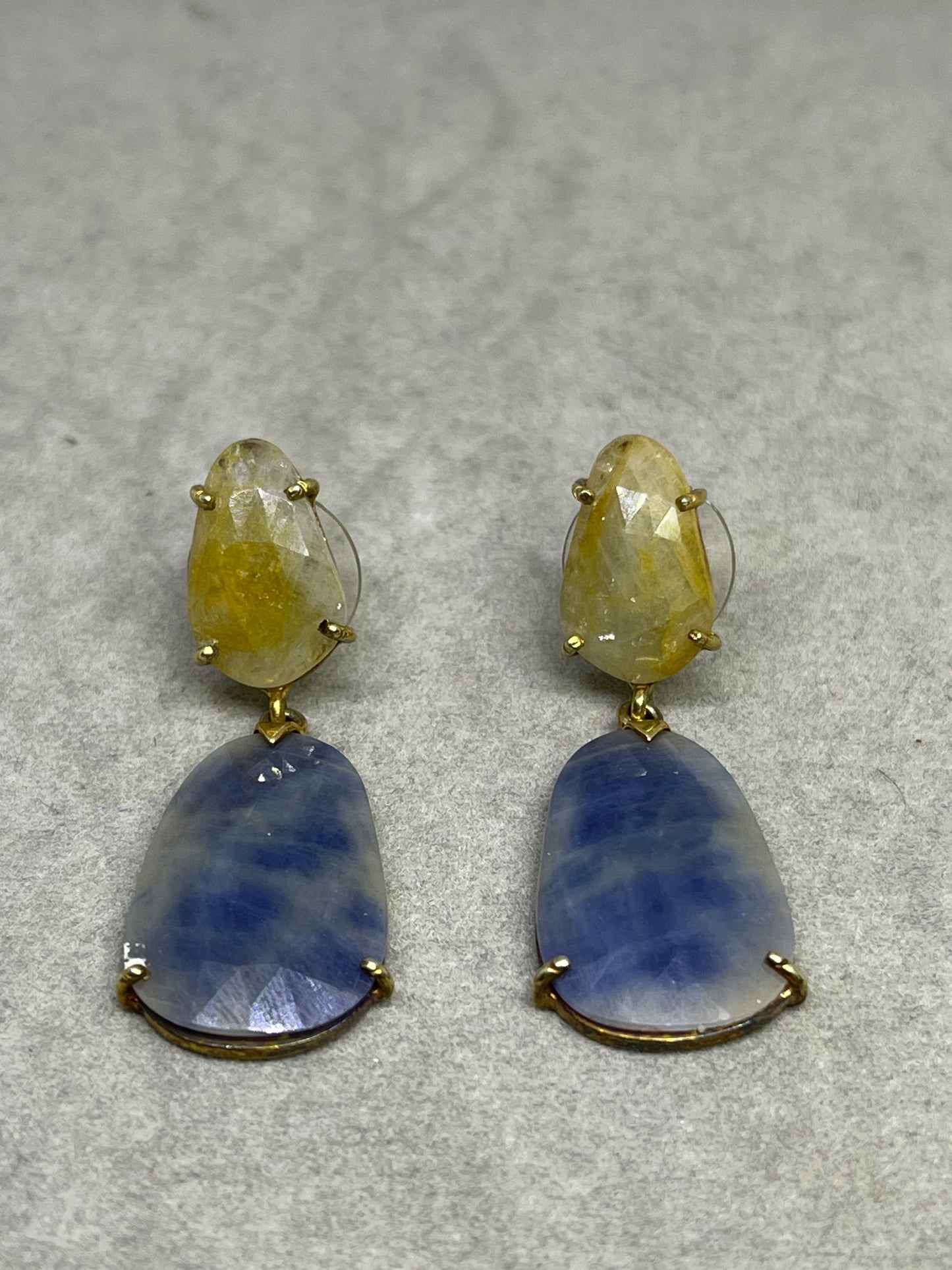 Natural Faceted Yellow & Blue Sapphire Vermeil Sterling Silver Dangle Earrings