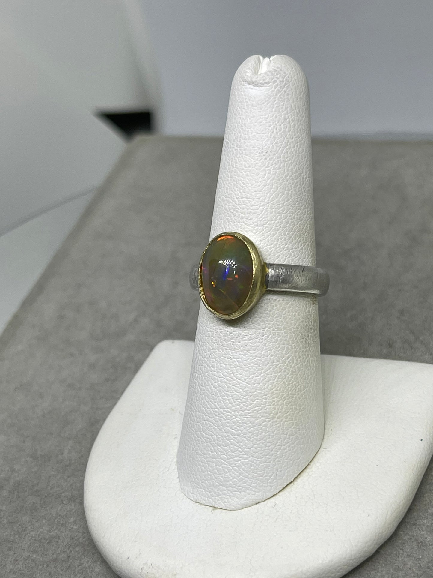 Natural Ethiopian Opal 18K Gold Plated Bezel Sterling Silver Matte Finish Ring (Size 7.75)