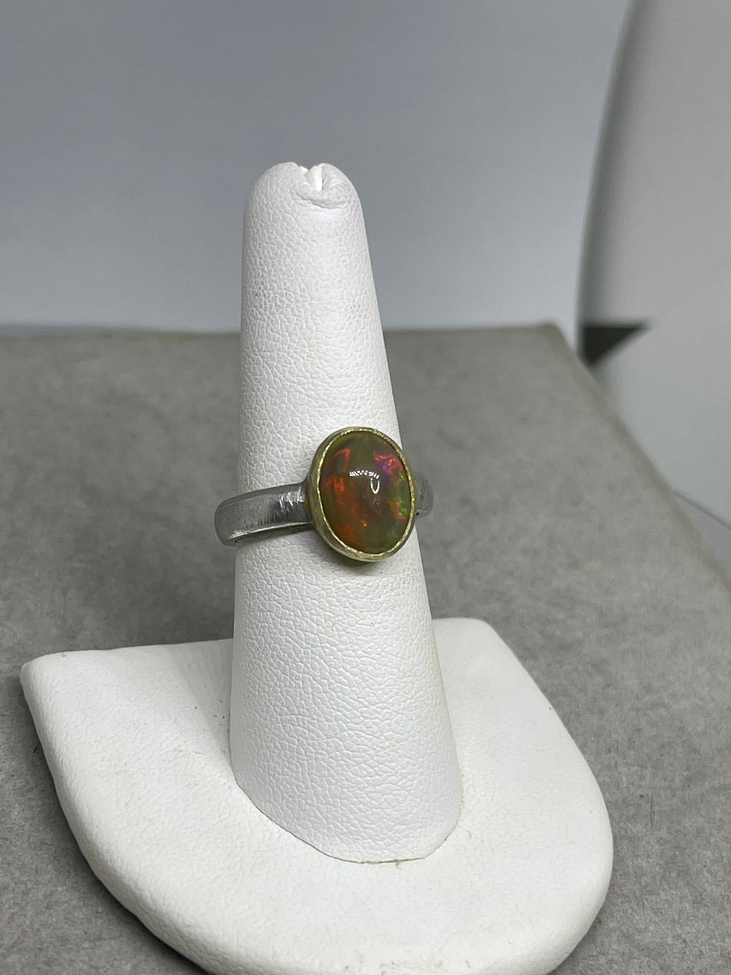 Natural Ethiopian Opal 18K Gold Plated Bezel Sterling Silver Matte Finish Ring (Size 7.75)