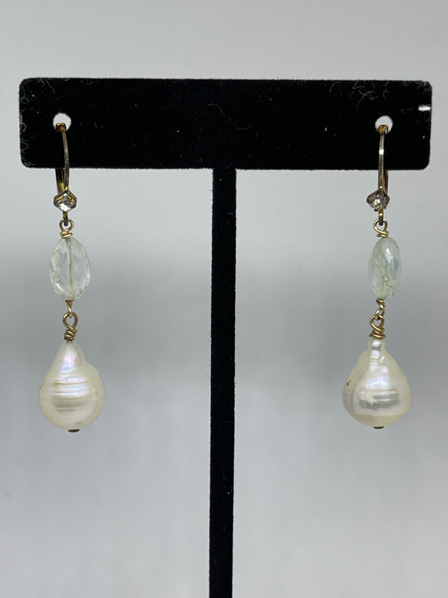 Natural Aquamarine Freshwater Pearl White Topaz Sterling Silver Dangle Earrings