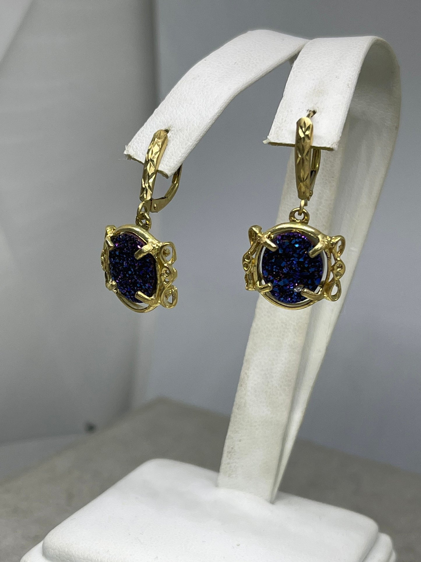 Cobalt Druzy Quartz 14k Yellow Gold French Lever Back Earrings