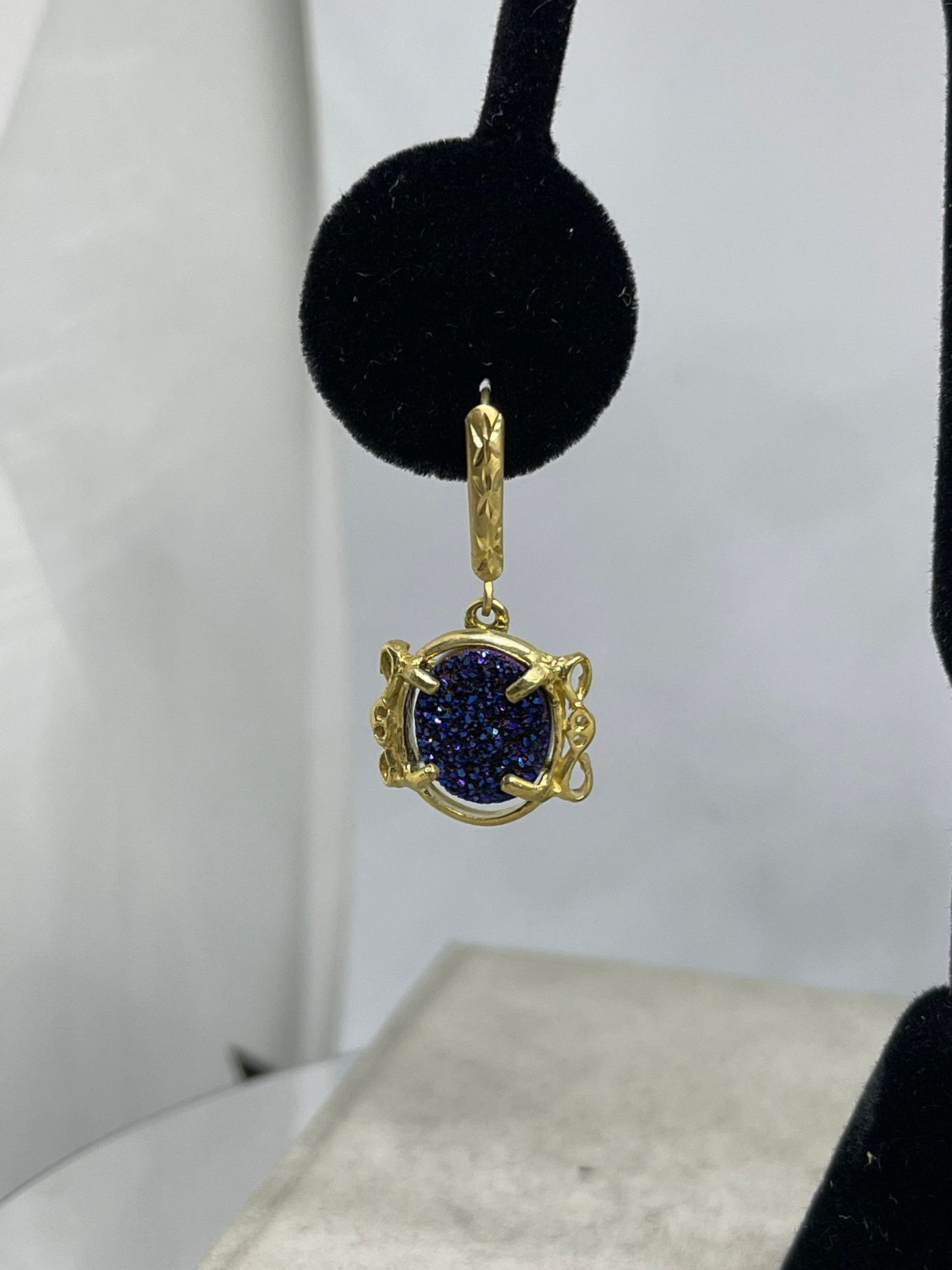 Cobalt Druzy Quartz 14k Yellow Gold French Lever Back Earrings