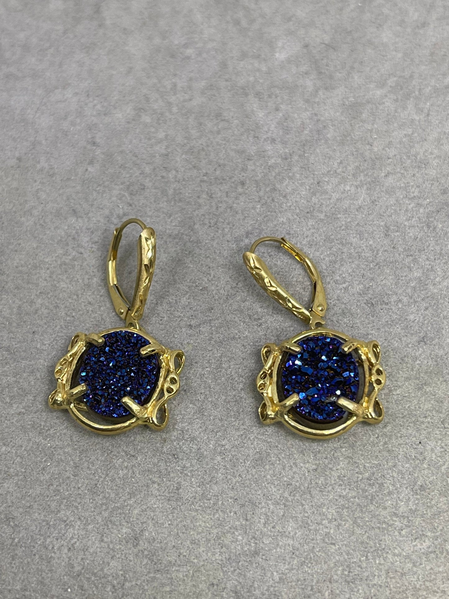 Cobalt Druzy Quartz 14k Yellow Gold French Lever Back Earrings