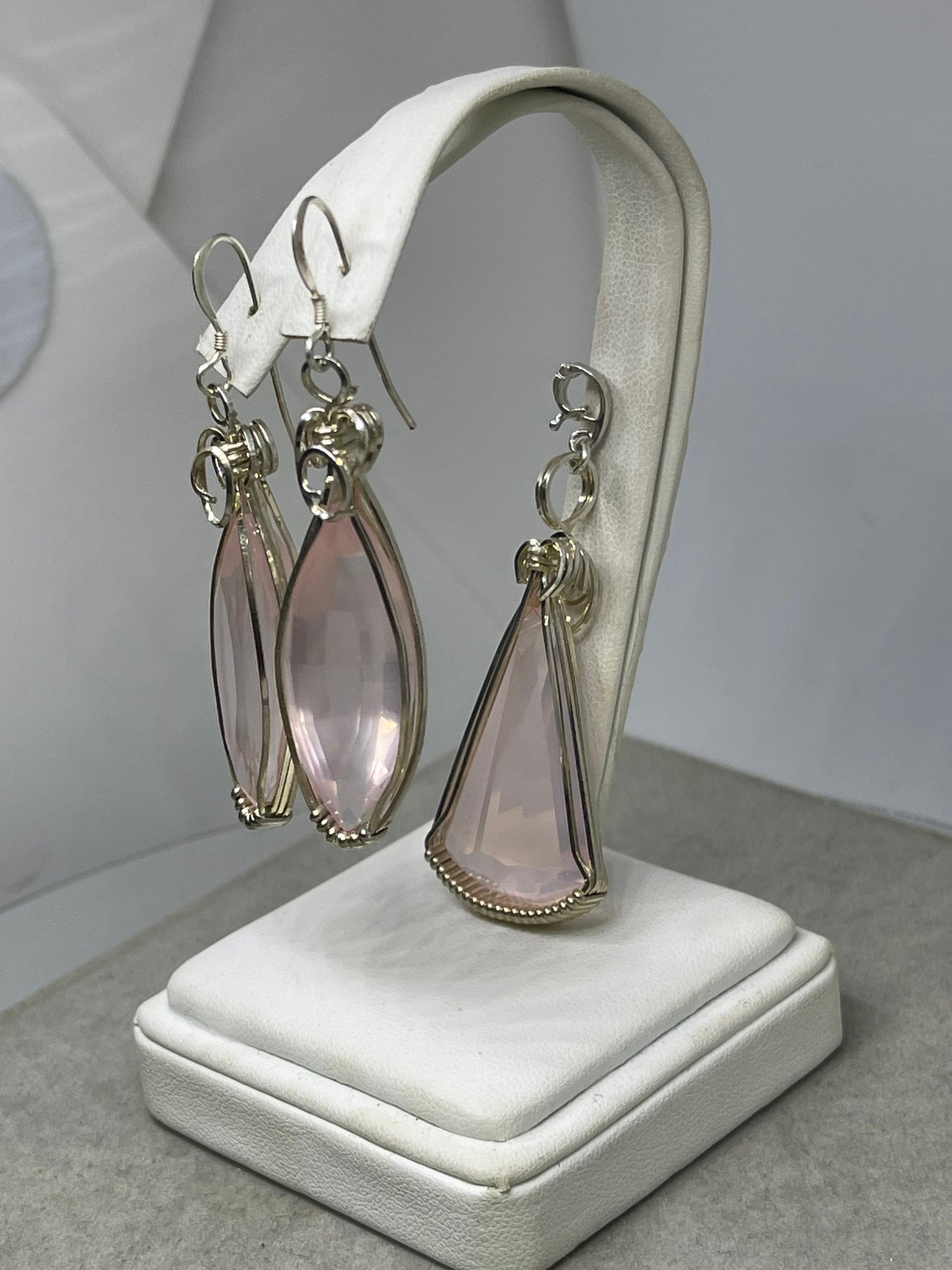 Rose Quartz Wire Wrapped Sterling Silver Earrings & Pendant Set