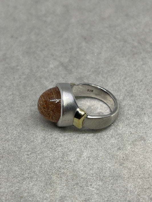 Natural Rutile Quartz Sterling Silver 18k Gold Solid Handmade Ring (Size 7.5)