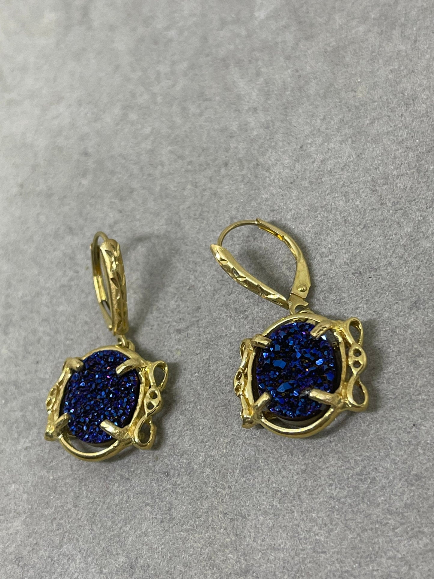 Cobalt Druzy Quartz 14k Yellow Gold French Lever Back Earrings