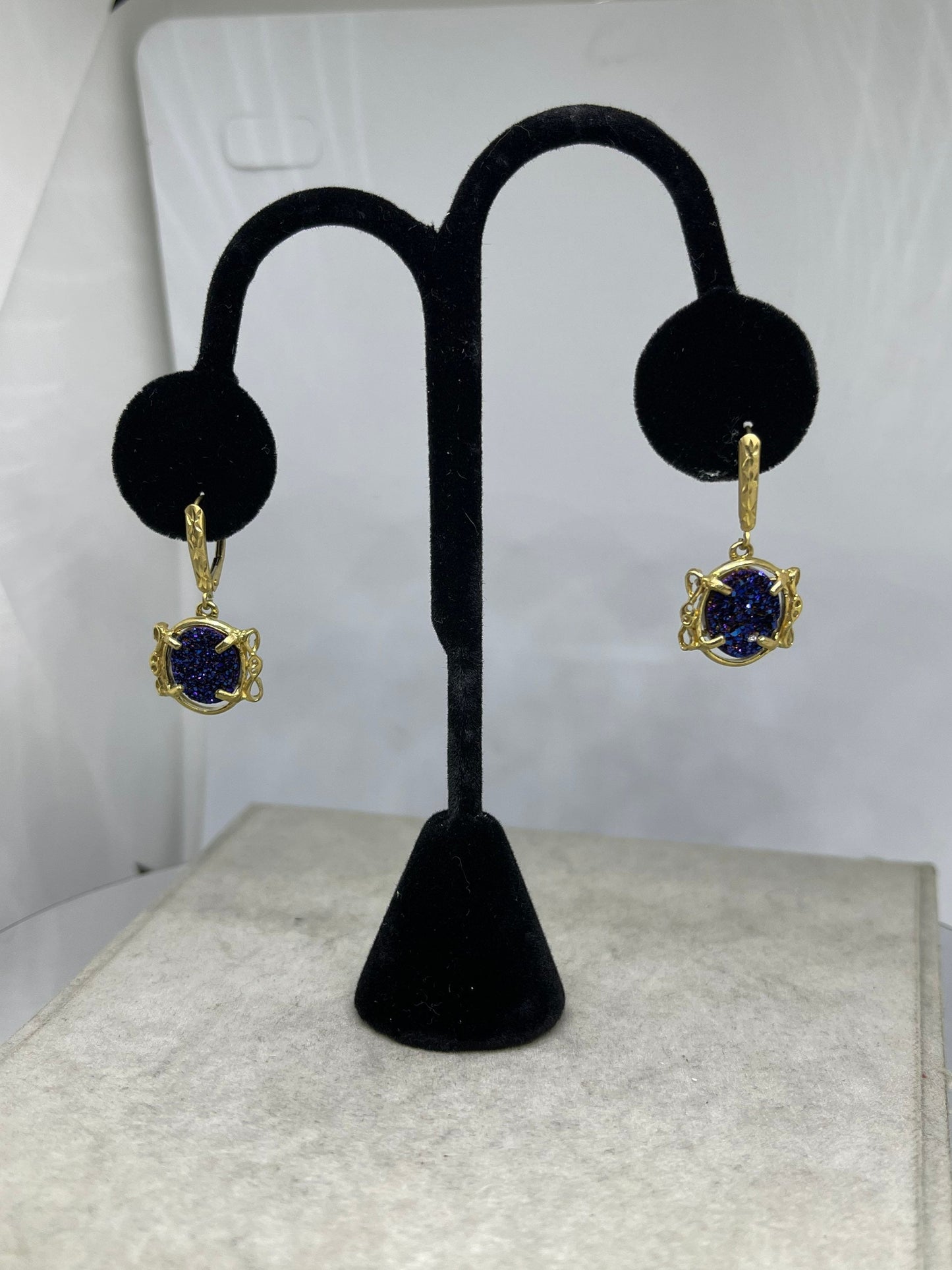 Cobalt Druzy Quartz 14k Yellow Gold French Lever Back Earrings