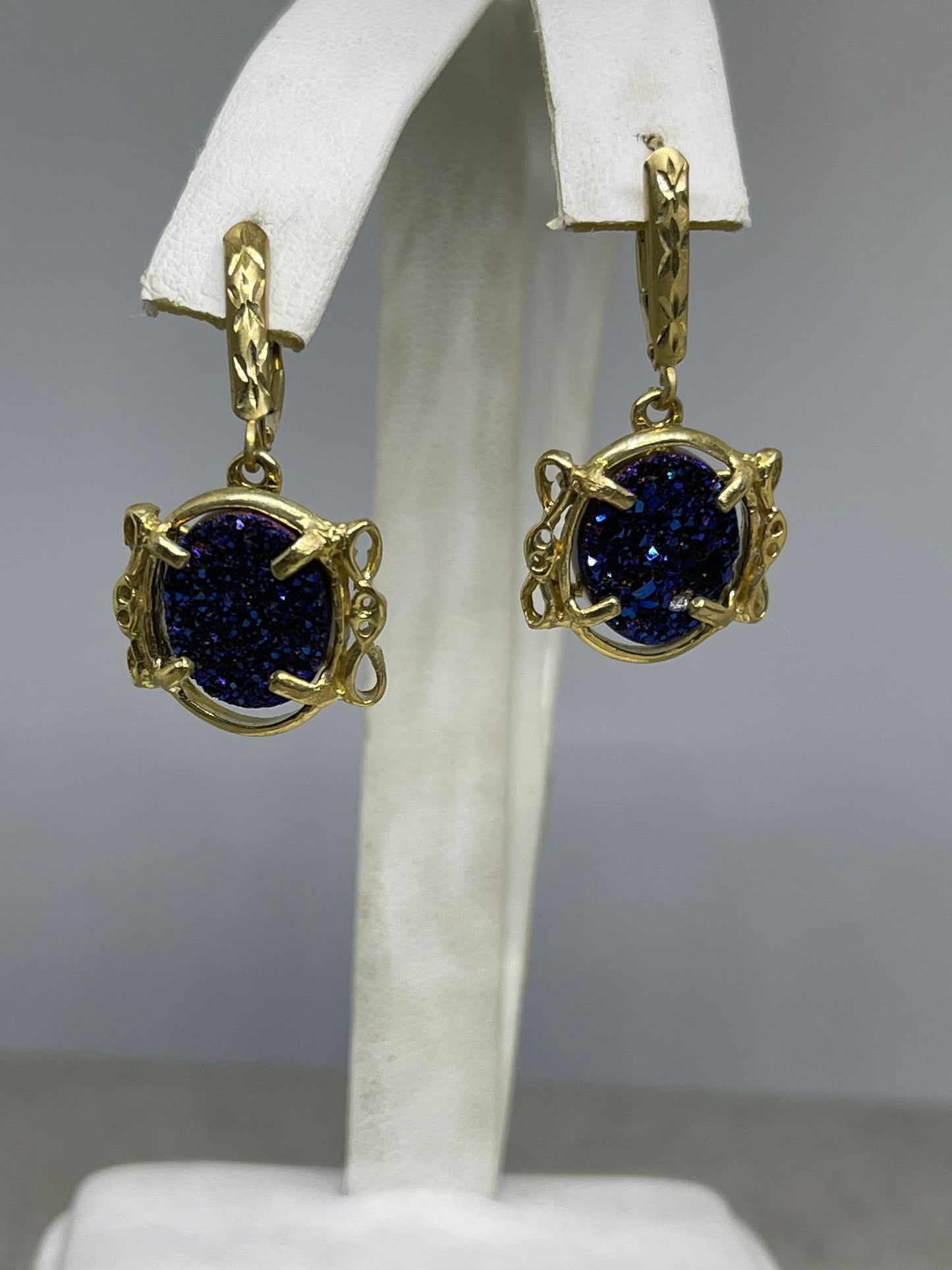 Cobalt Druzy Quartz 14k Yellow Gold French Lever Back Earrings