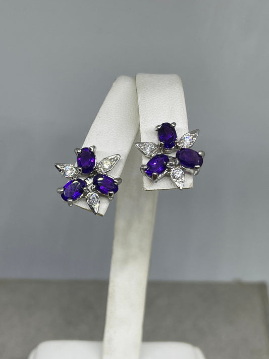 Natural Zambian Amethyst & CZ Sterling Silver  Earrings