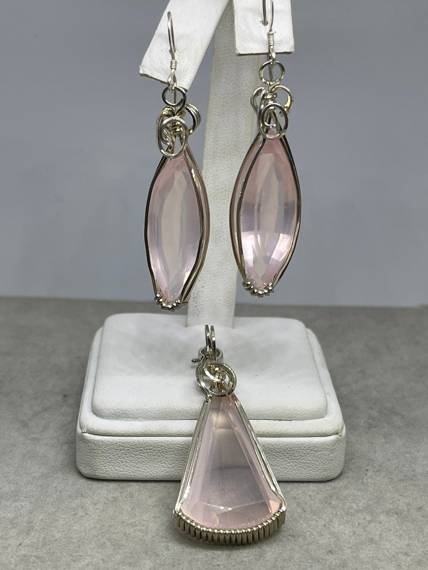 Rose Quartz Wire Wrapped Sterling Silver Earrings & Pendant Set