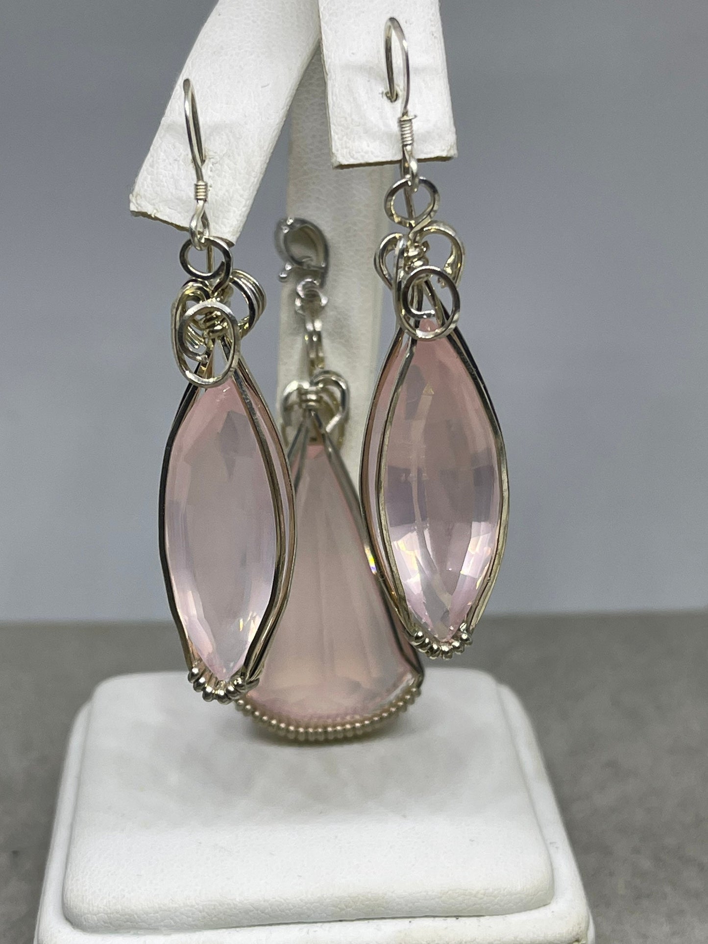 Rose Quartz Wire Wrapped Sterling Silver Earrings & Pendant Set