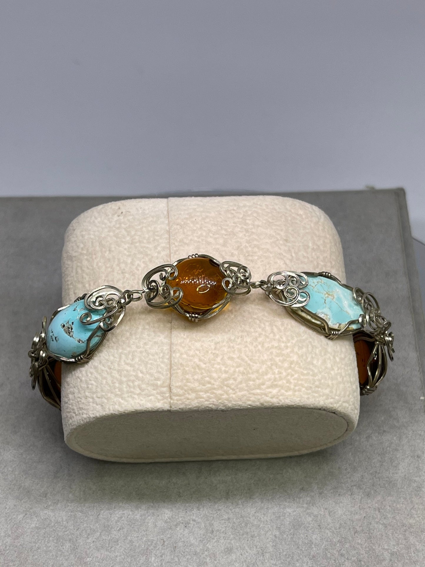 Natural Turquoise & Amber Sterling Silver Wire Wrapped Handmade Bracelet