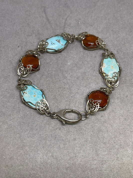 Natural Turquoise & Amber Sterling Silver Wire Wrapped Handmade Bracelet