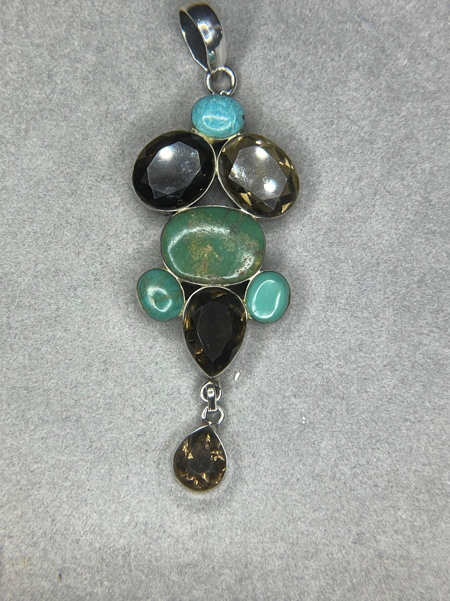 Natural Turquoise & Smokey Quartz Sterling Silver Dangle Pendant