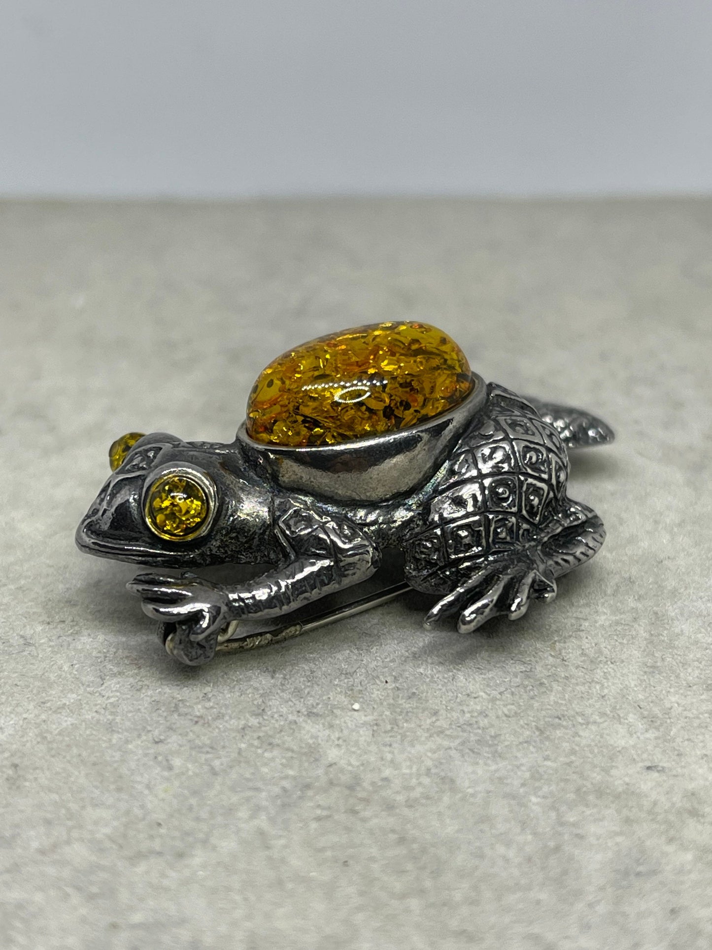 Handmade Amber Sterling Silver Frog Brooch Pin