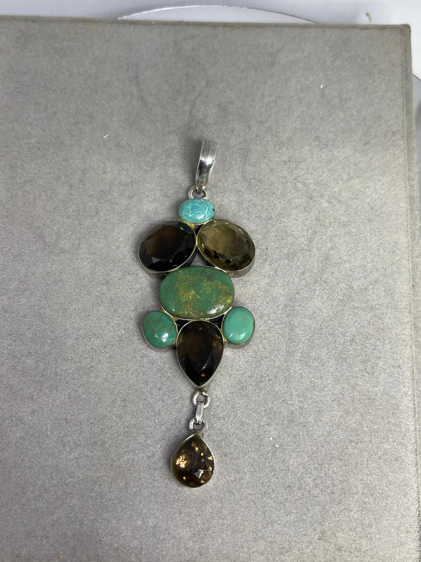 Natural Turquoise & Smokey Quartz Sterling Silver Dangle Pendant