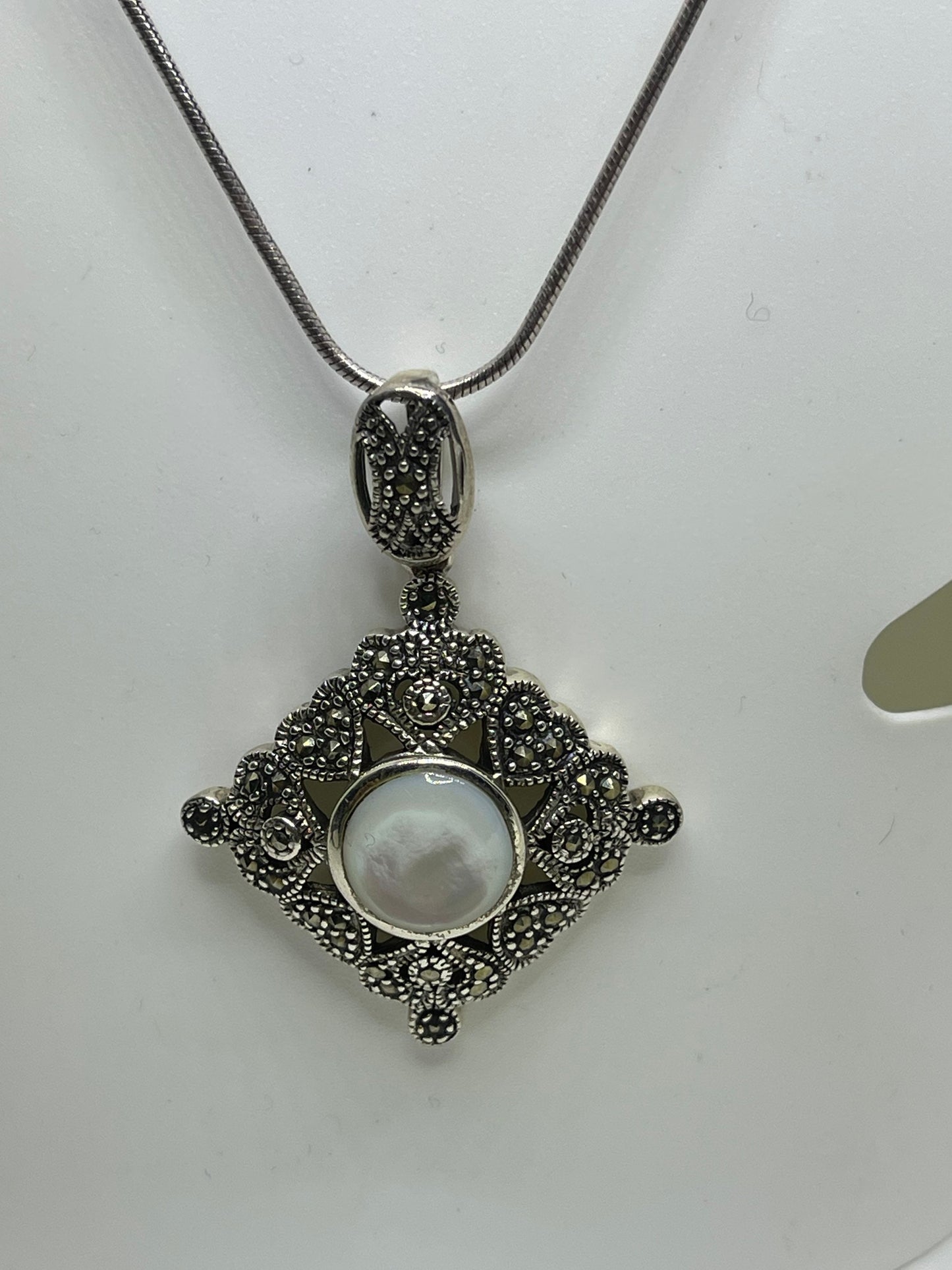 Natural Mother Of Pearl Sterling Silver Marcasite Pendant & Necklace