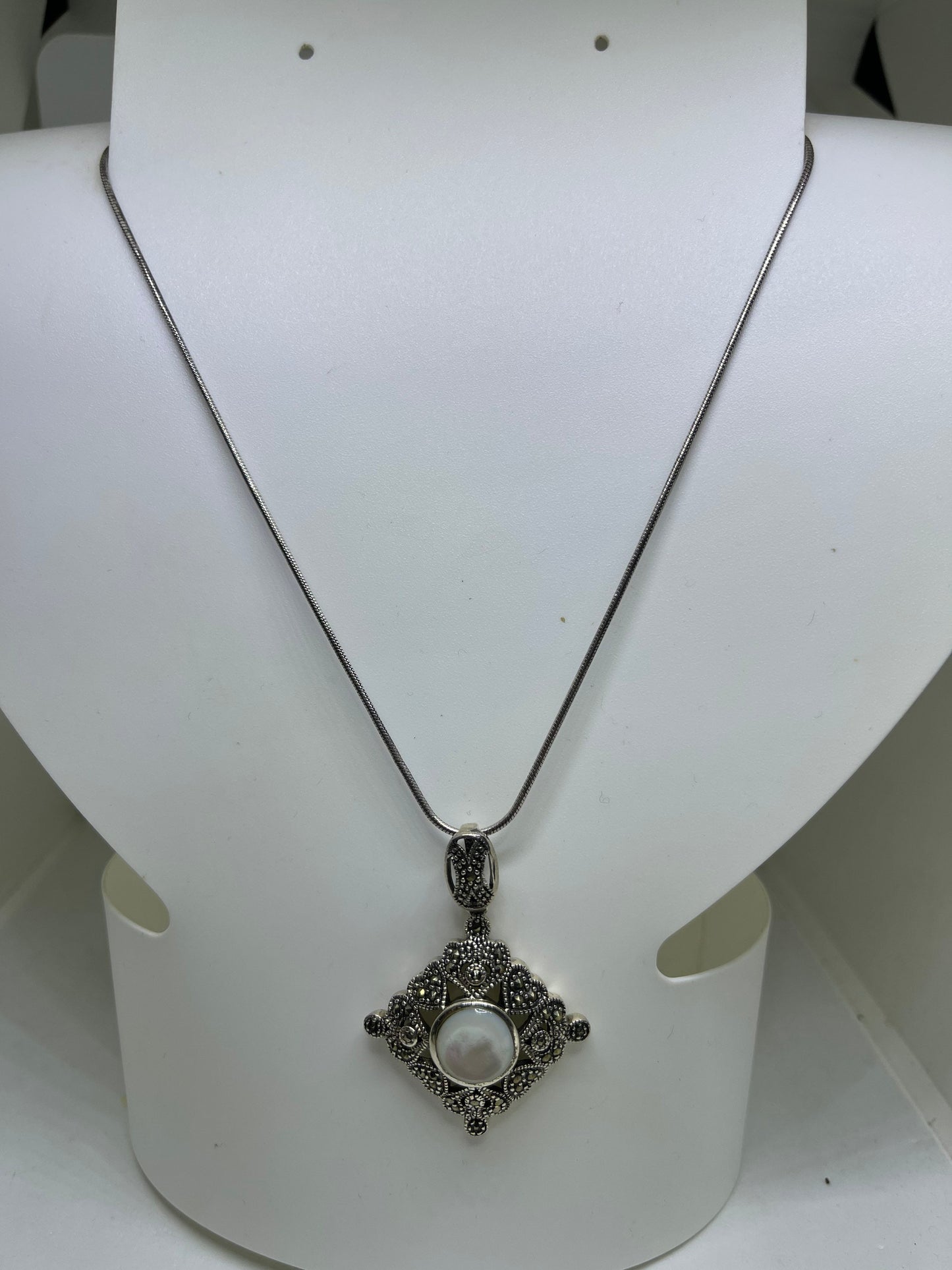 Natural Mother Of Pearl Sterling Silver Marcasite Pendant & Necklace