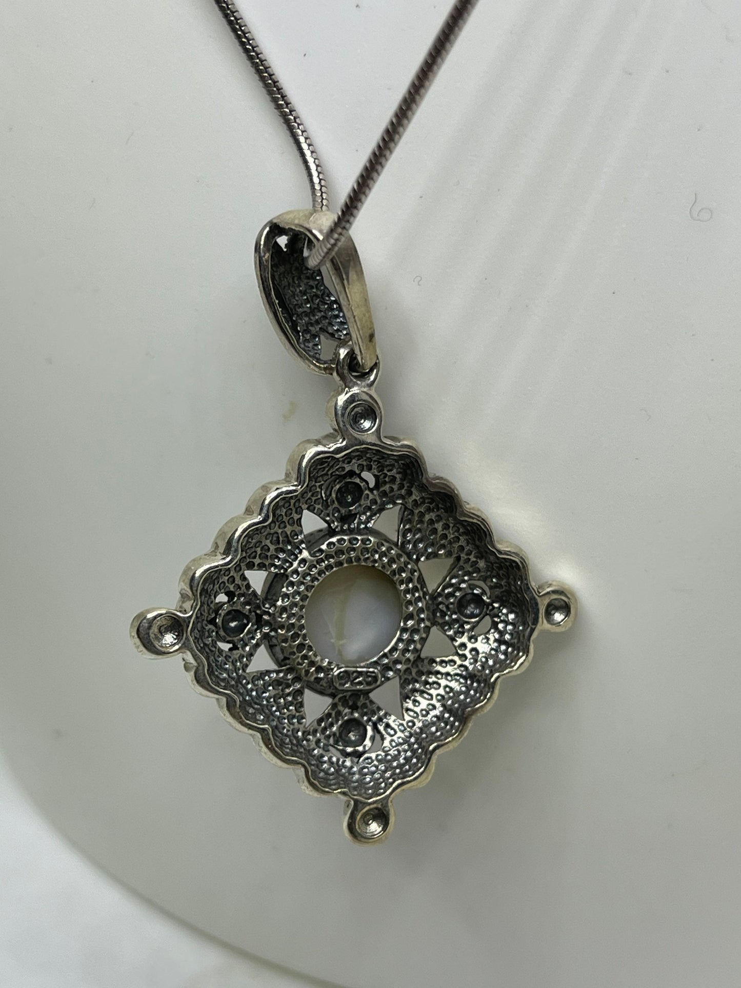 Natural Mother Of Pearl Sterling Silver Marcasite Pendant & Necklace