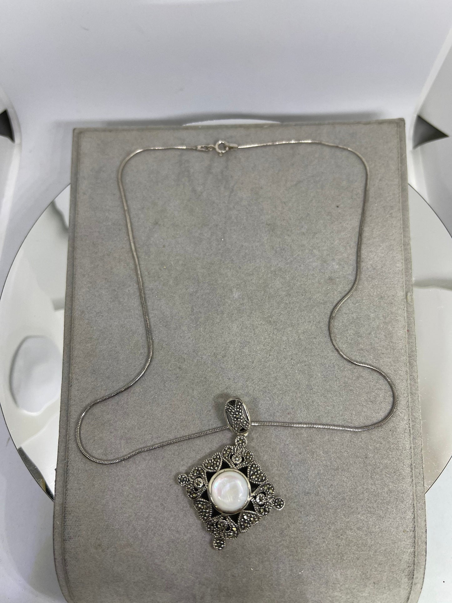 Natural Mother Of Pearl Sterling Silver Marcasite Pendant & Necklace