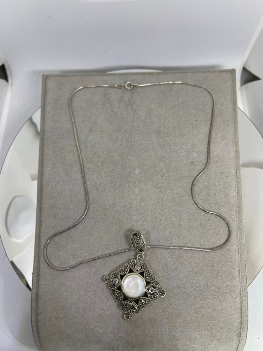 Natural Mother Of Pearl Sterling Silver Marcasite Pendant & Necklace