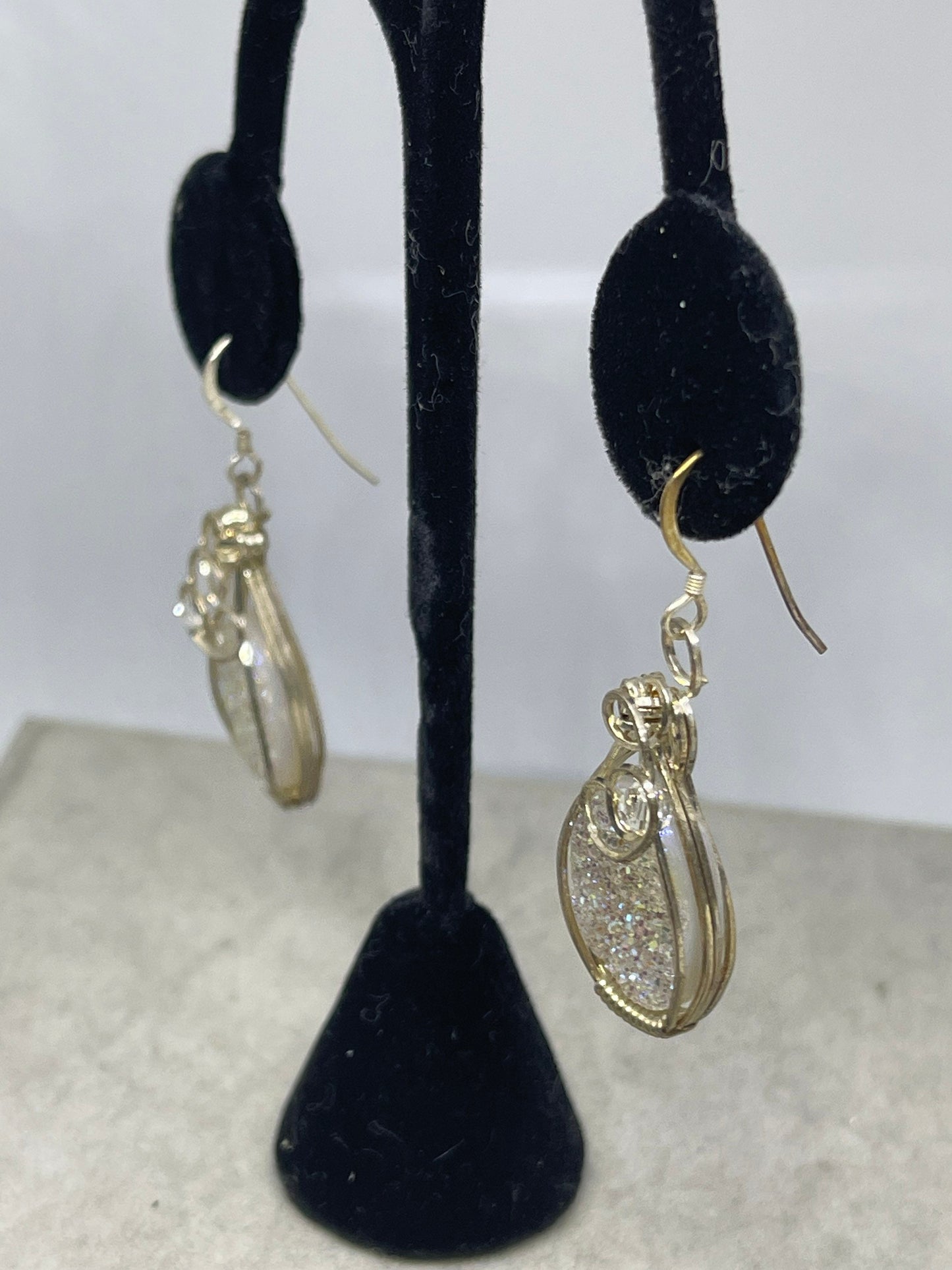 White Druzy Quartz Sterling Silver Wire Wrapped Dangle Earrings