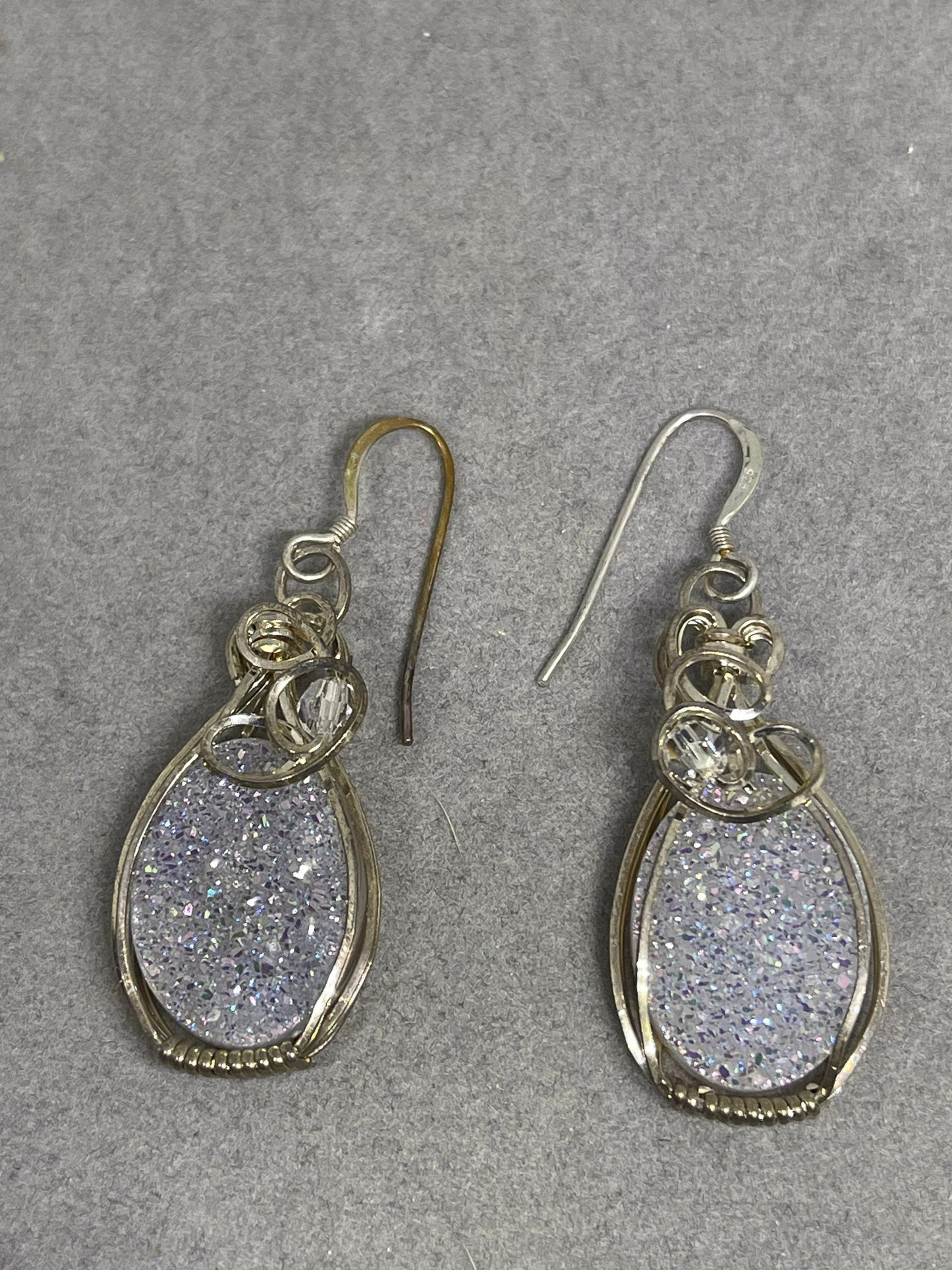 White Druzy Quartz Sterling Silver Wire Wrapped Dangle Earrings