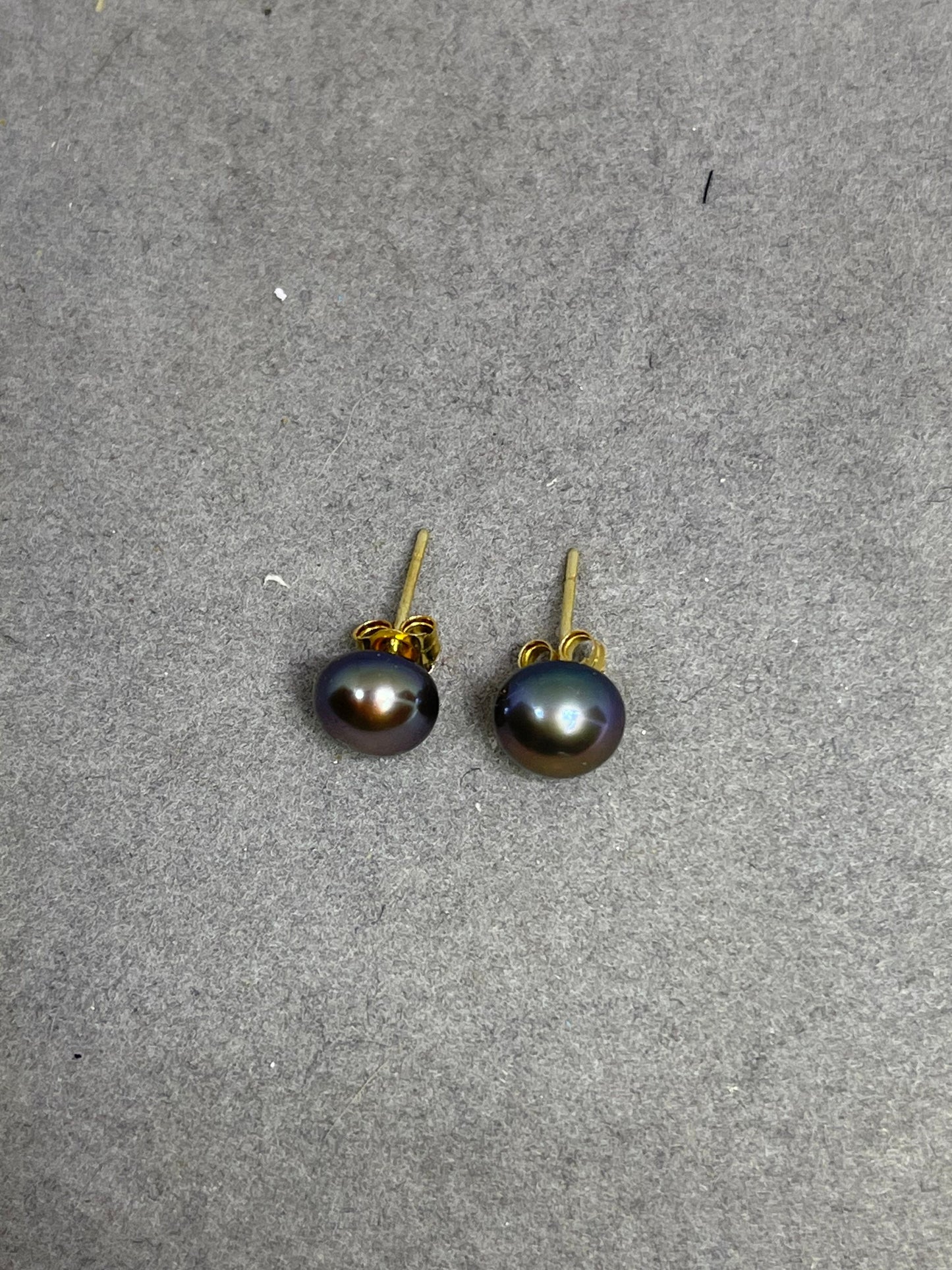 7MM Natural Black Freshwater Pearl 14k Yellow Gold Stud Earrings