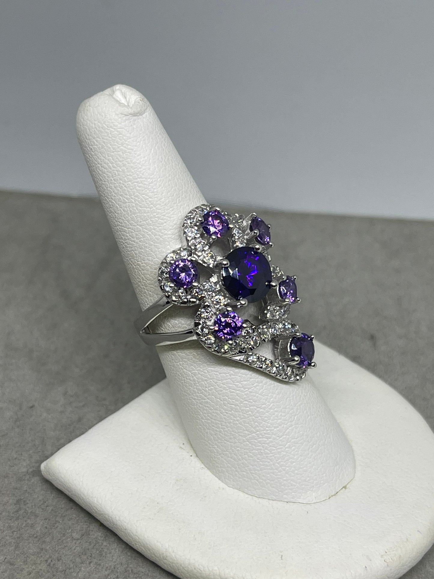 Purple & White Cubic Zirconia Sterling Silver Glam Ring (Size 7.25)