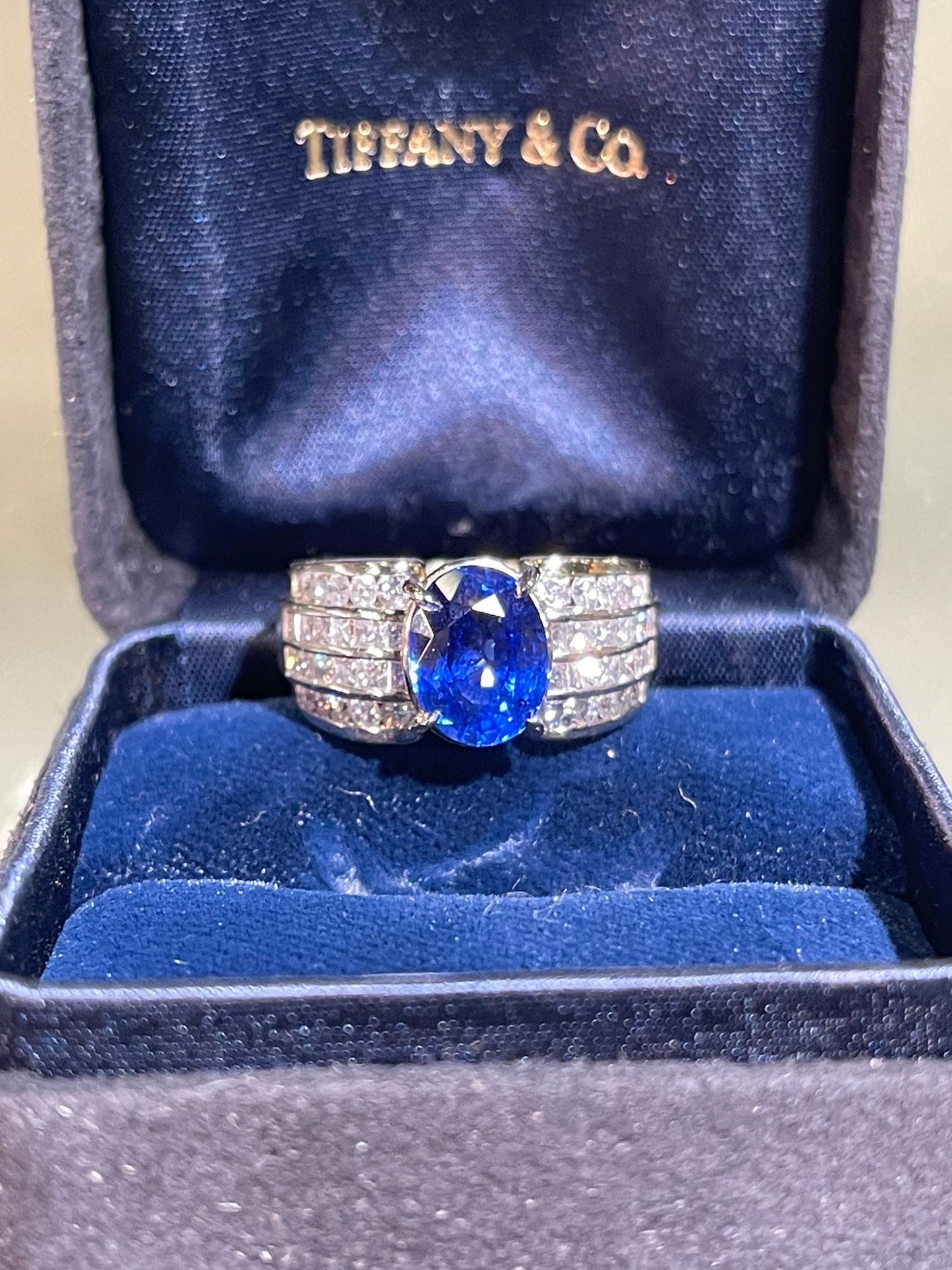 GIA Certified Tiffany & Co 3.38 Carat Blue Sapphire And 3.50 CT. Vs G Diamond 18k Gold Ring (Size 7)