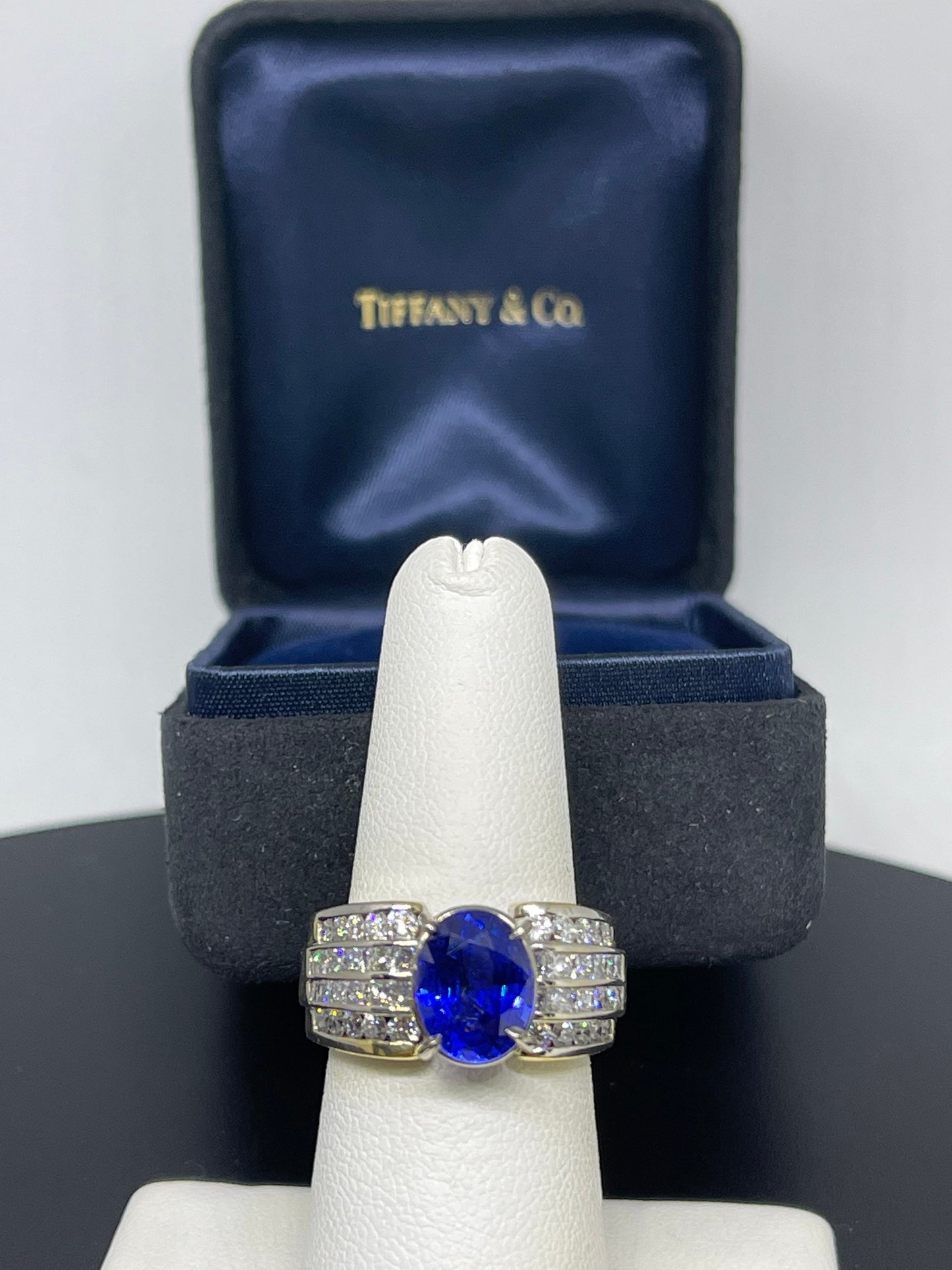 GIA Certified Tiffany & Co 3.38 Carat Blue Sapphire And 3.50 CT. Vs G Diamond 18k Gold Ring (Size 7)