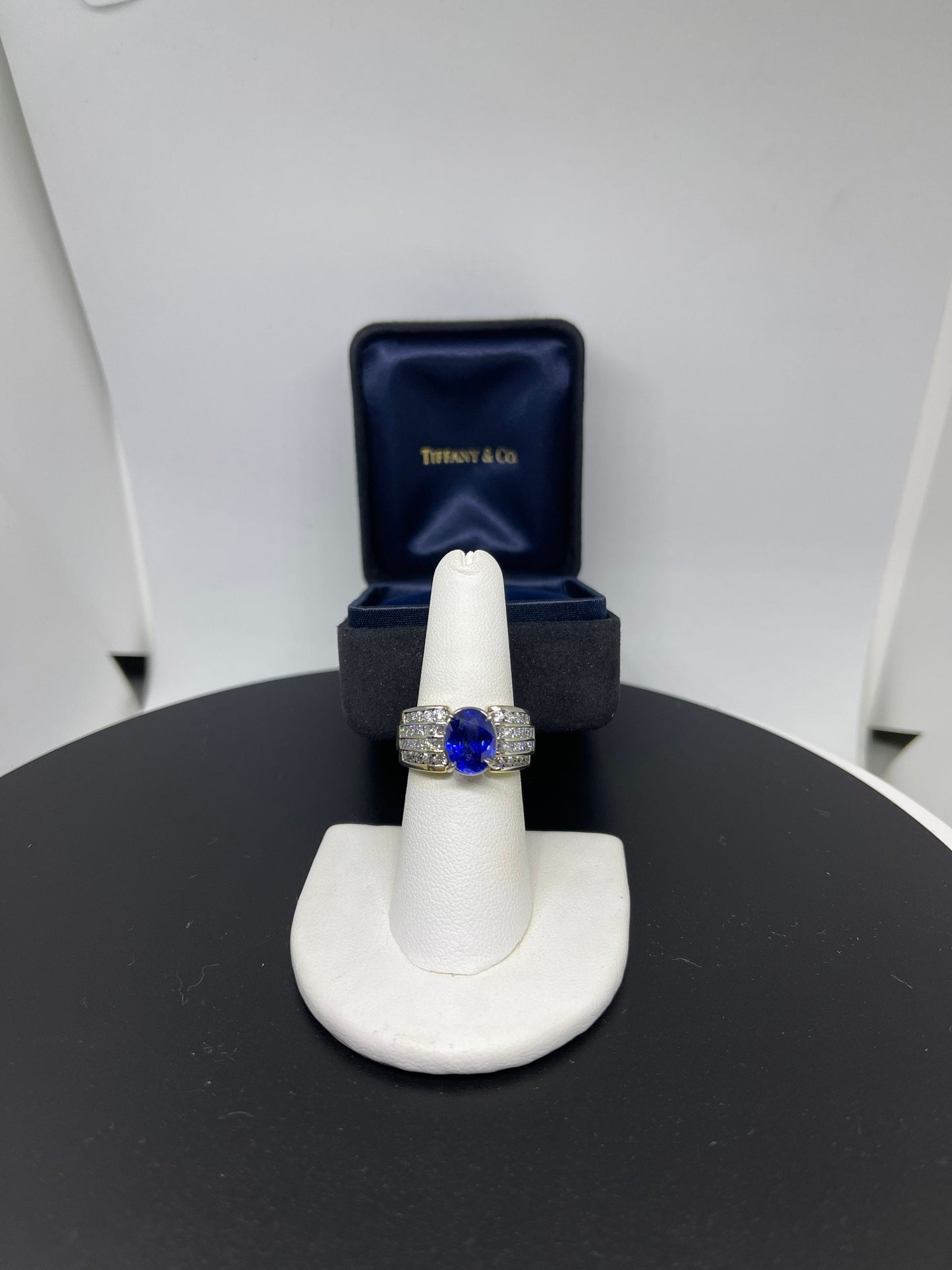 GIA Certified Tiffany & Co 3.38 Carat Blue Sapphire And 3.50 CT. Vs G Diamond 18k Gold Ring (Size 7)