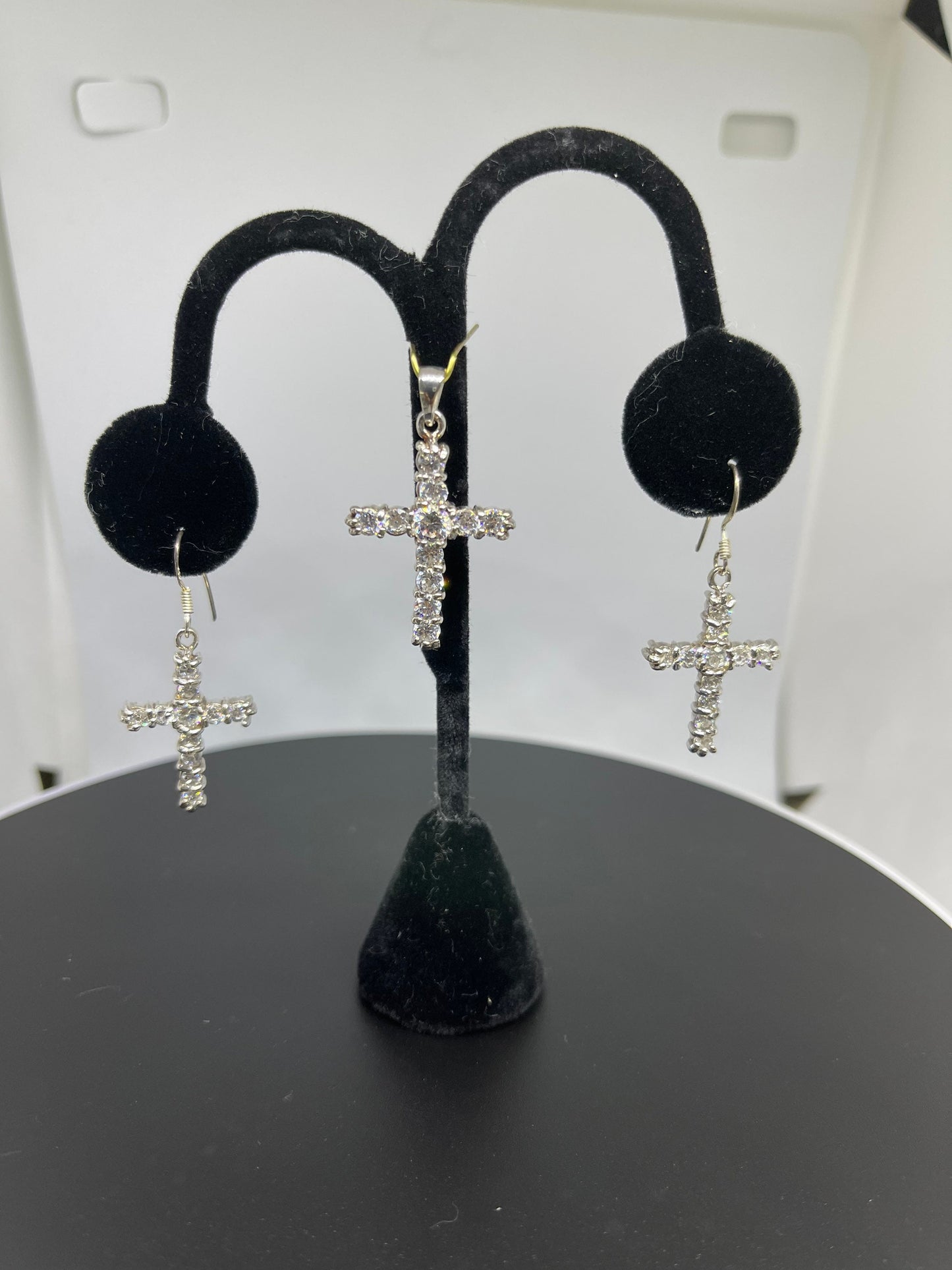 Cubic Zirconia Sterling Silver Cross & Earring Set