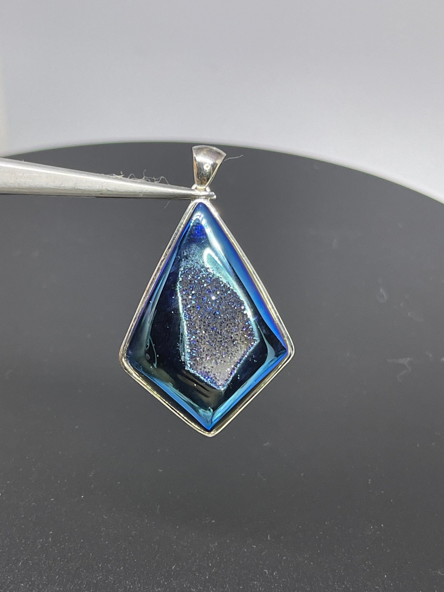 Steely Blue Druzy Quartz Kite Shaped Sterling Silver Pendant