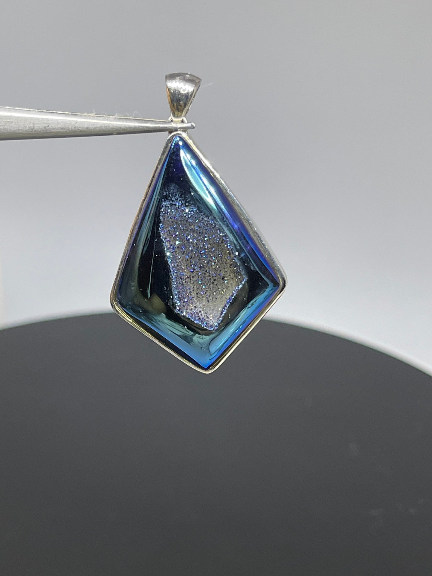 Steely Blue Druzy Quartz Kite Shaped Sterling Silver Pendant