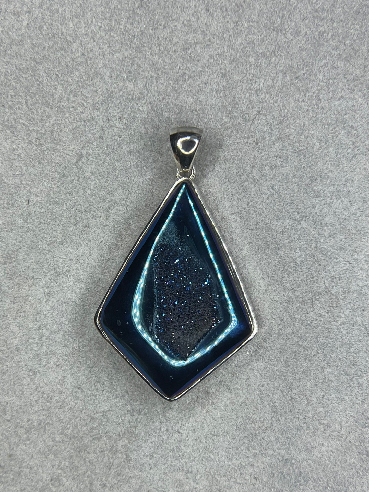 Steely Blue Druzy Quartz Kite Shaped Sterling Silver Pendant