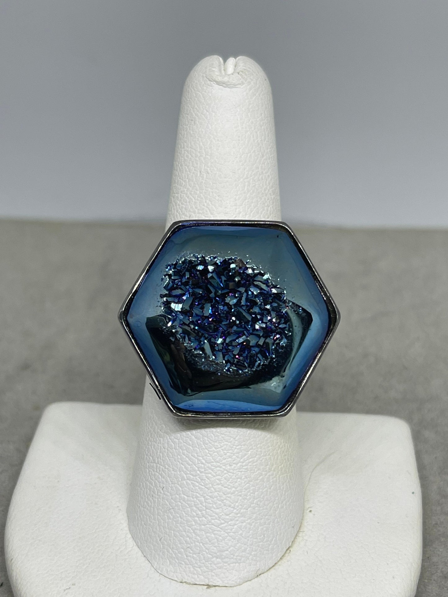 Steely Blue Druzy Quartz Sterling Silver Ring (Size 7.25)