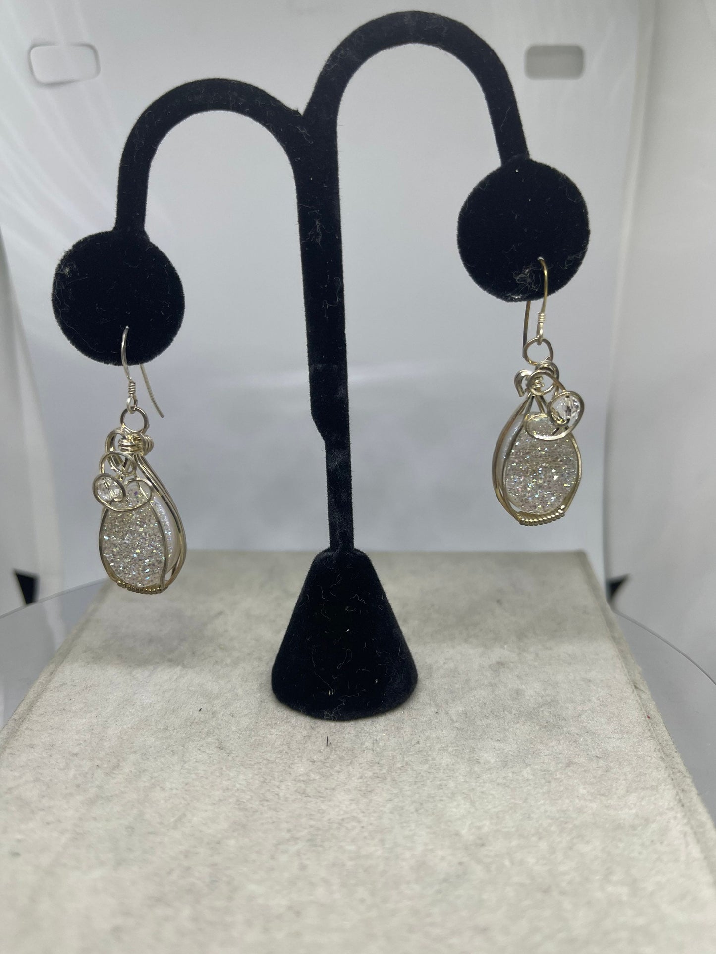 White Druzy Quartz Sterling Silver Wire Wrapped Dangle Earrings