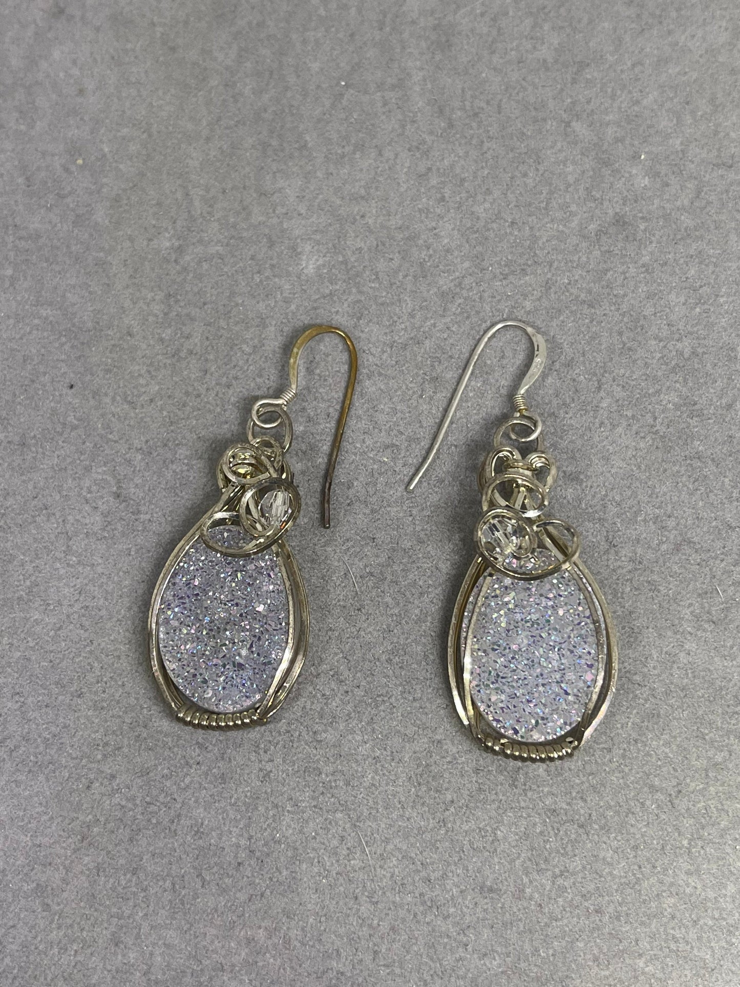 White Druzy Quartz Sterling Silver Wire Wrapped Dangle Earrings