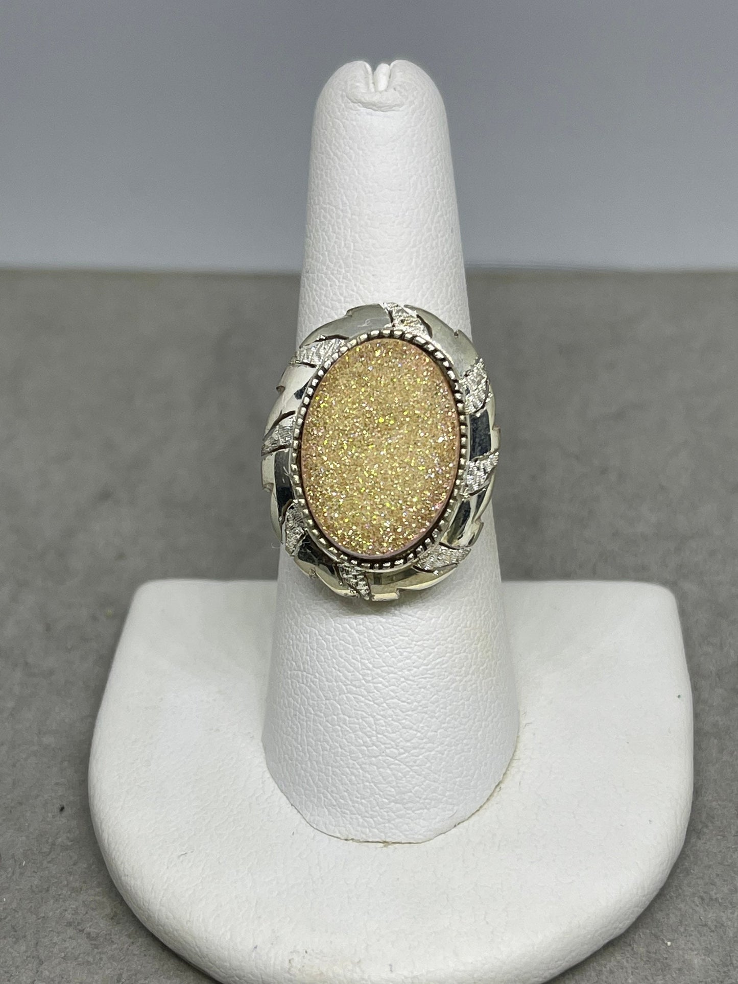Yellow Druzy Quartz Sterling Silver Ring (Size 7.25)