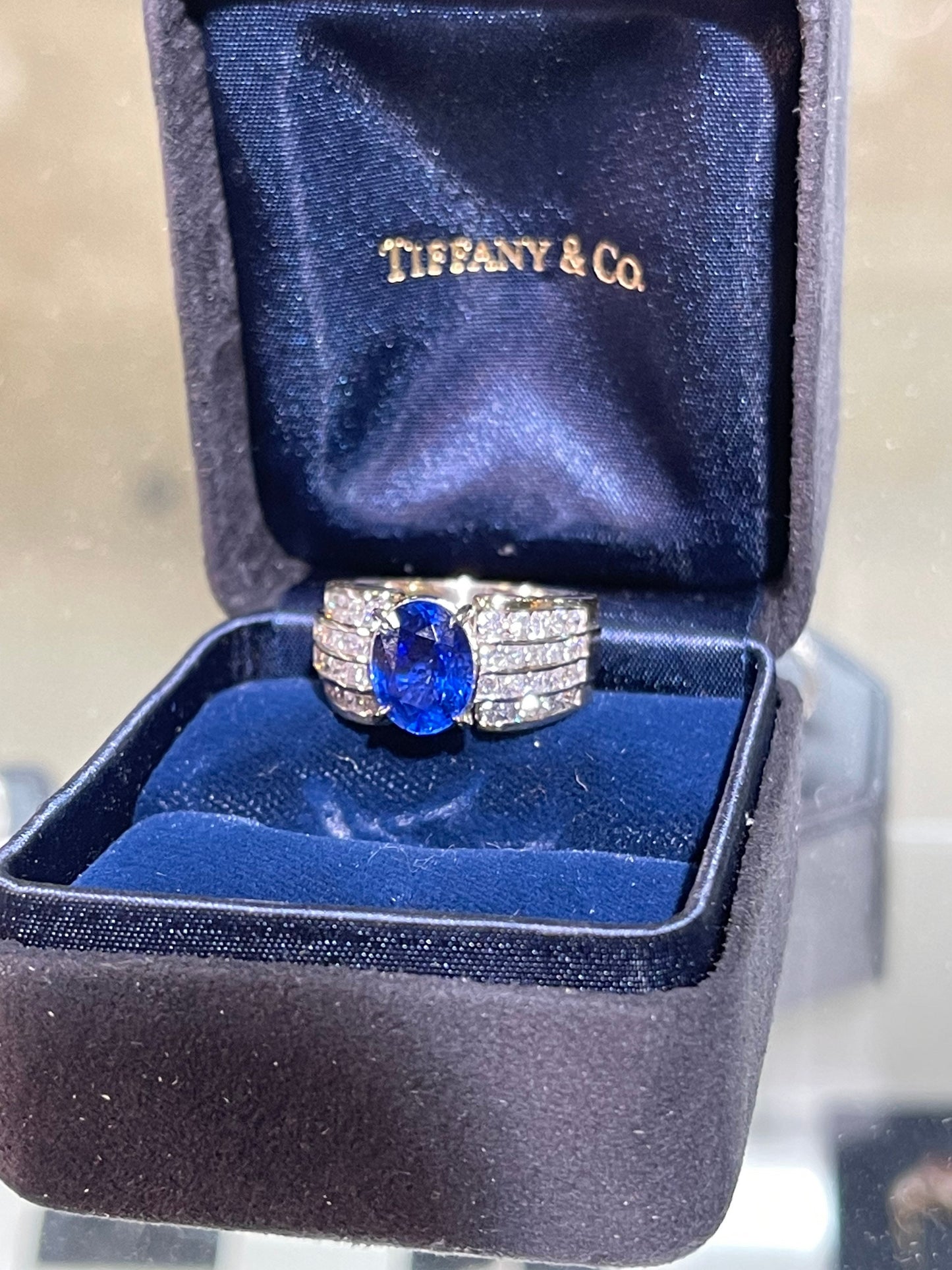 GIA Certified Tiffany & Co 3.38 Carat Blue Sapphire And 3.50 CT. Vs G Diamond 18k Gold Ring (Size 7)