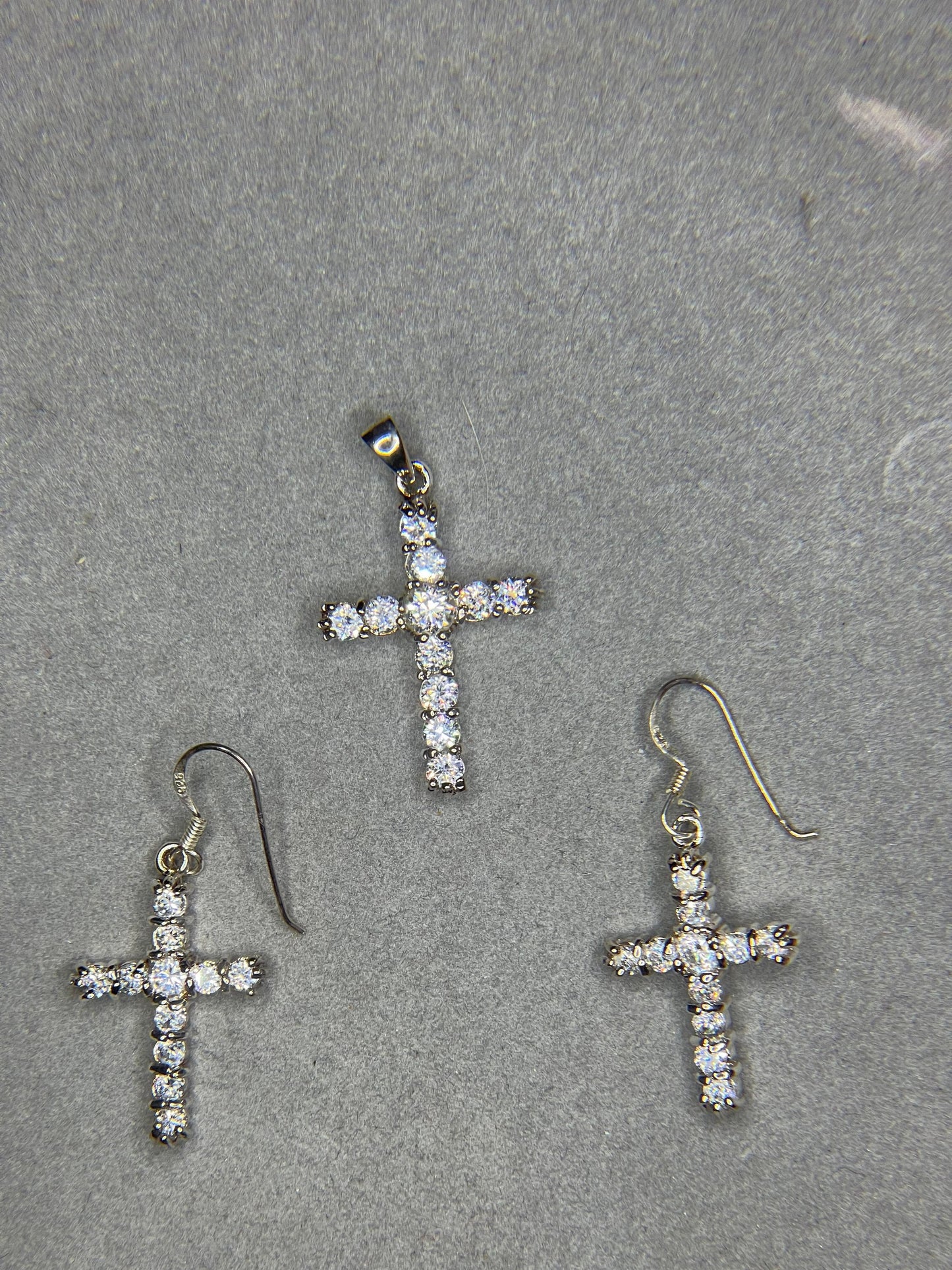 Cubic Zirconia Sterling Silver Cross & Earring Set