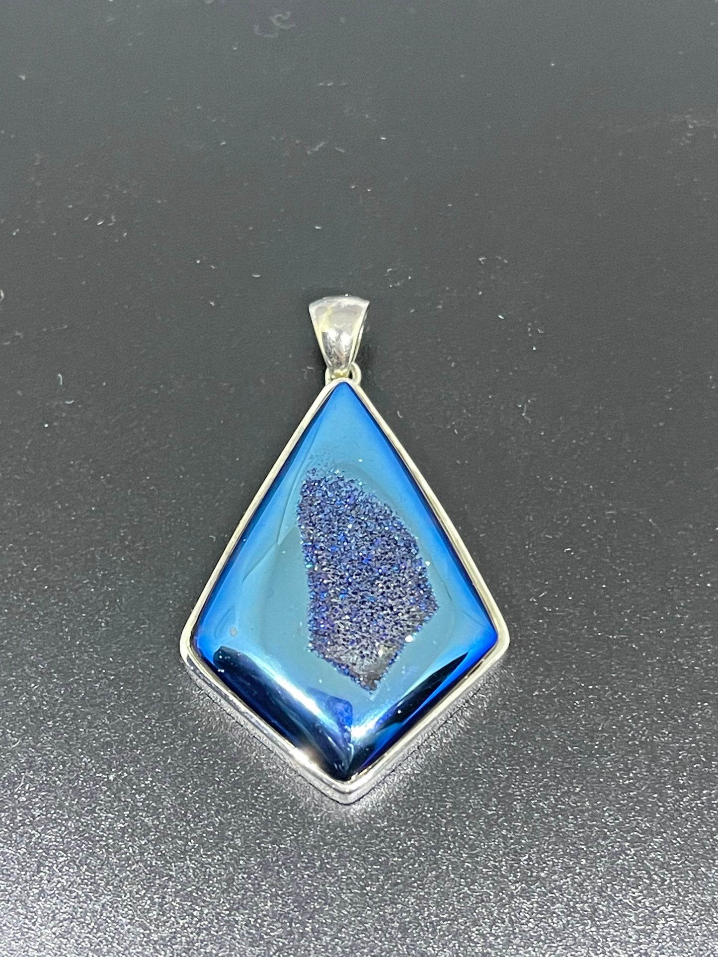 Steely Blue Druzy Quartz Kite Shaped Sterling Silver Pendant