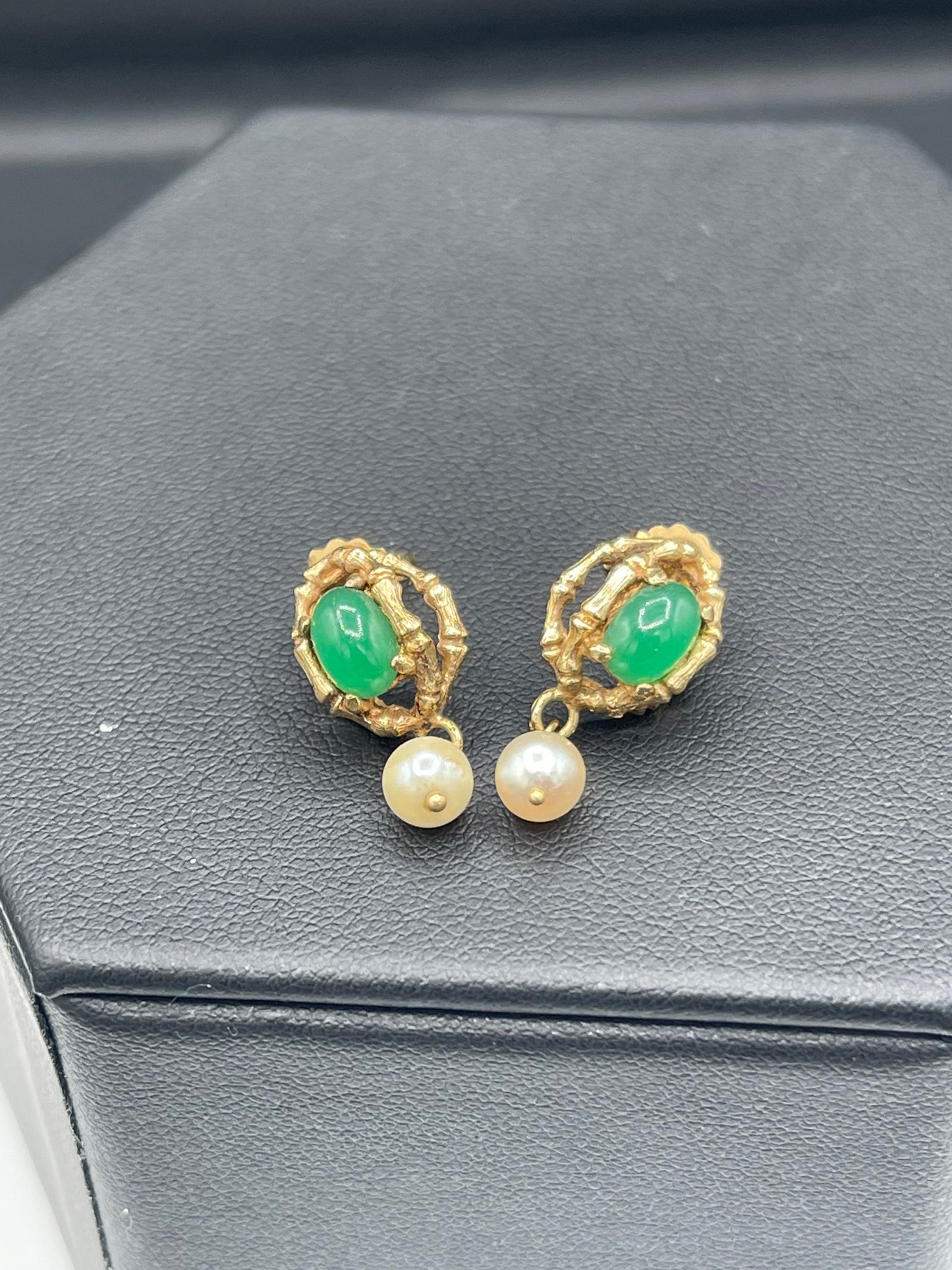 Natural Cabochon Emerald & Cultured Pearl 14k Yellow Gold Dangle Earrings