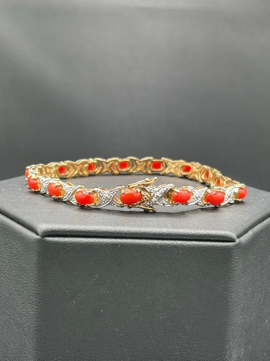 Natural Italian Red Coral & Diamond Sterling Silver 18K Vermeil Bracelet