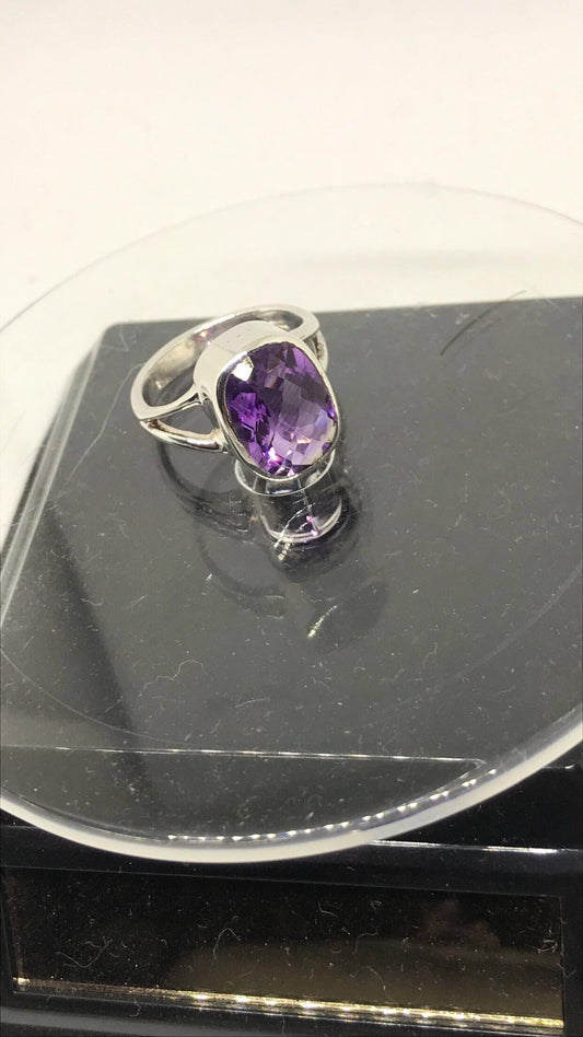 Checkerboard Cut Amethyst Sterling Silver Ring (Size 7.75)