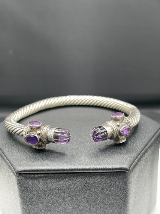 Amethyst Sterling Silver Cable Bangle Adjustable Bracelet