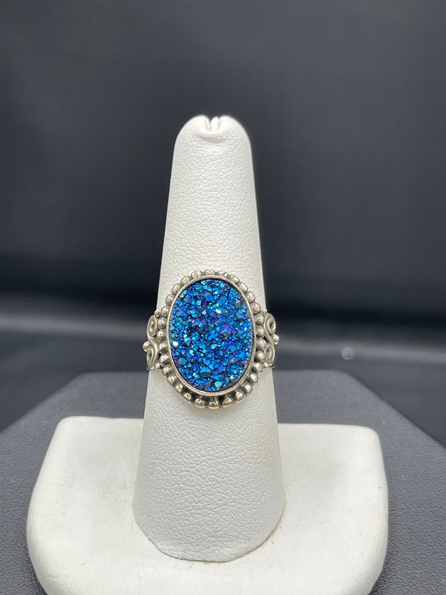 Peacock Druzy Quartz Sterling Silver Ring