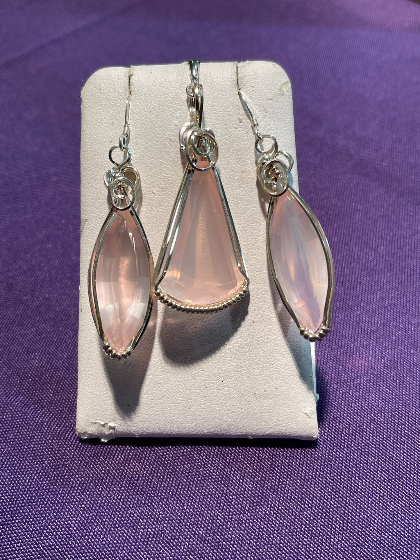 Rose Quartz Wire Wrapped Sterling Silver Earrings & Pendant Set