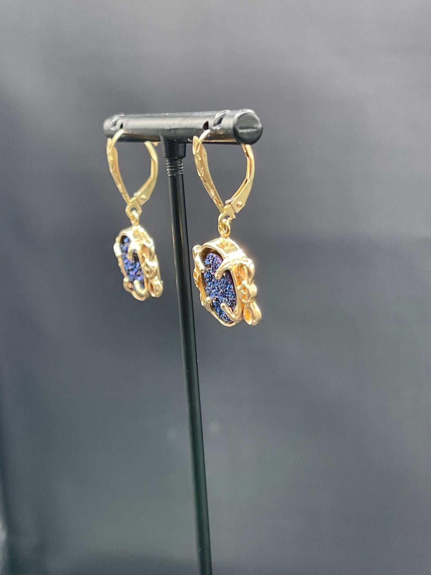 Cobalt Druzy Quartz 14k Yellow Gold French Lever Back Earrings